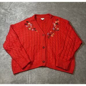 Sundance Cable Knit Cardigan Sweater Wool Floral Embroidered Cottagecore XXL